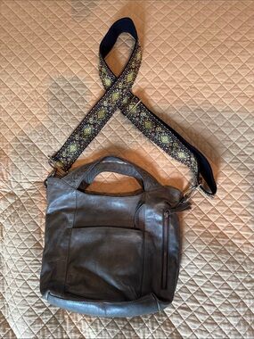 Latico Gray Leather Shoulder Bag with Decorative Woven Strap